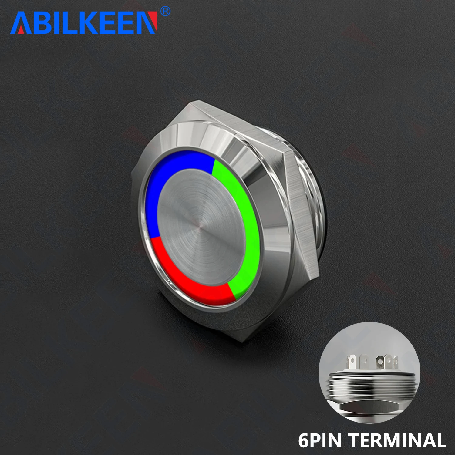 ABILKEEN 19MM Ultra-Thin Metal Push Button Red+Green+Blue Tri-Color LED Ring Light 1NO Momentary Push Button Switch DC 6V/24V