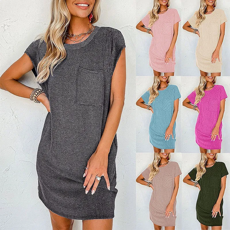 Summer Striped Short Sleeve Pocket Dress Women Casual Color Block Dress