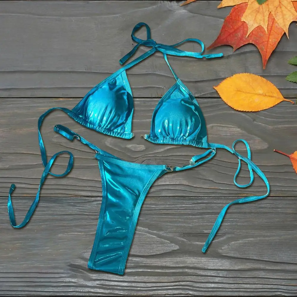 Tiefer V-Riemchen-Bikini-Set für Damen, helle Oberfläche, Neckholder-Bikini-Set mit Kunstperlen und Schnür-Tanga, schnell trocknend, für Strandbekleidung