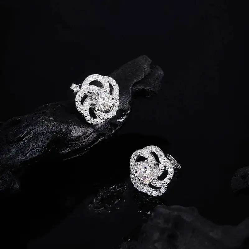 

Rose Moissanite Earrings S925 Sterling Silver Flower Design Inlaid Stud Drop Earring Wedding Jewelry Gift for Women