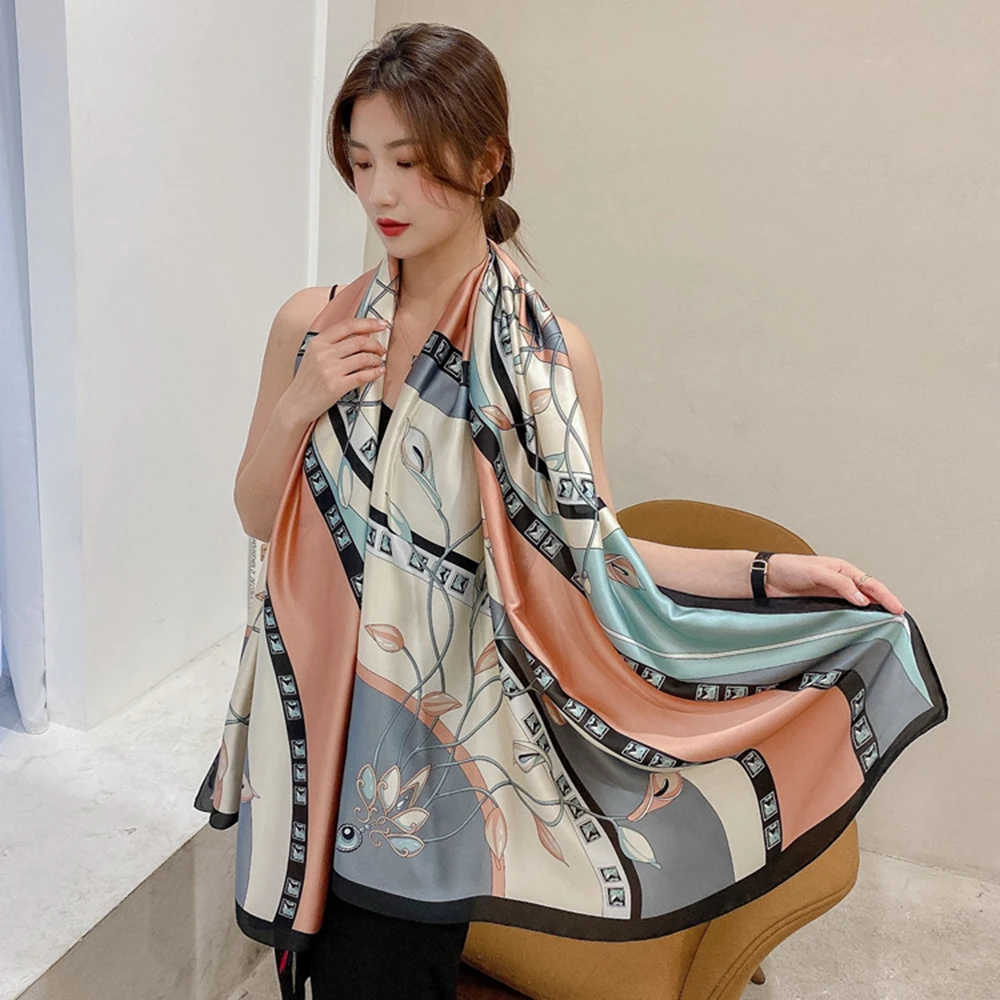 Fashion Flower Printed Silk Feeling Scarf for Women Summer Lady Long Satin Beach Shawl