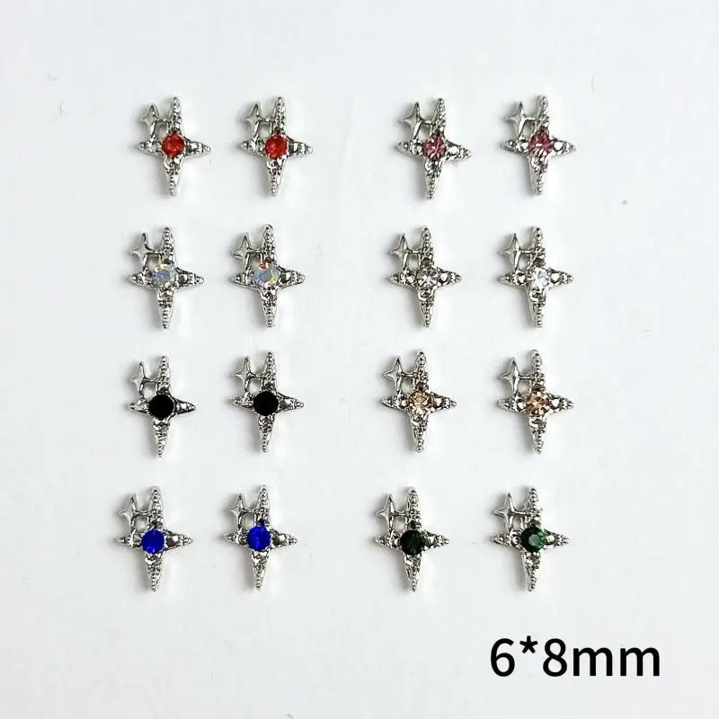 

10PCS Mini Minimalist Cross Sar Alloy Nail Charms Double Four-stars Colorful Rhinestones Inlaid Nail Art Decorations DIY Nails