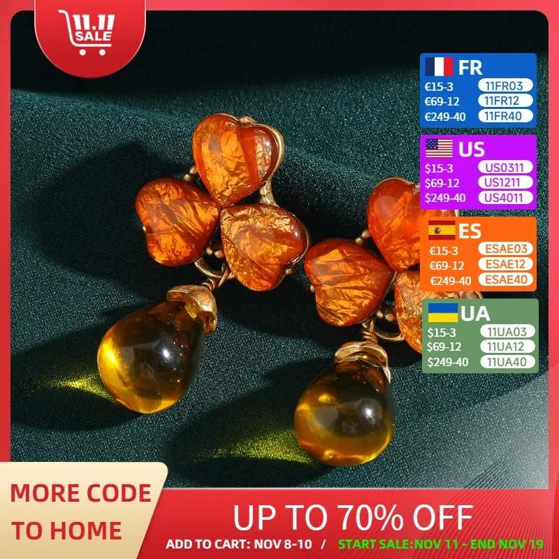 

Vintage Yellow Orange Glaze Drop Earring Water Droplet Gold Color Clover Luxury Jewelry Designer Quality For Woman Gifts Wedding