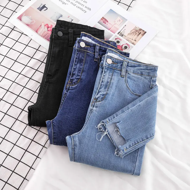 Light Wash Denim Jeans Women's High Waist Slim Fit Long Pants Student Style Autumn Collection Nine-Tenths Length