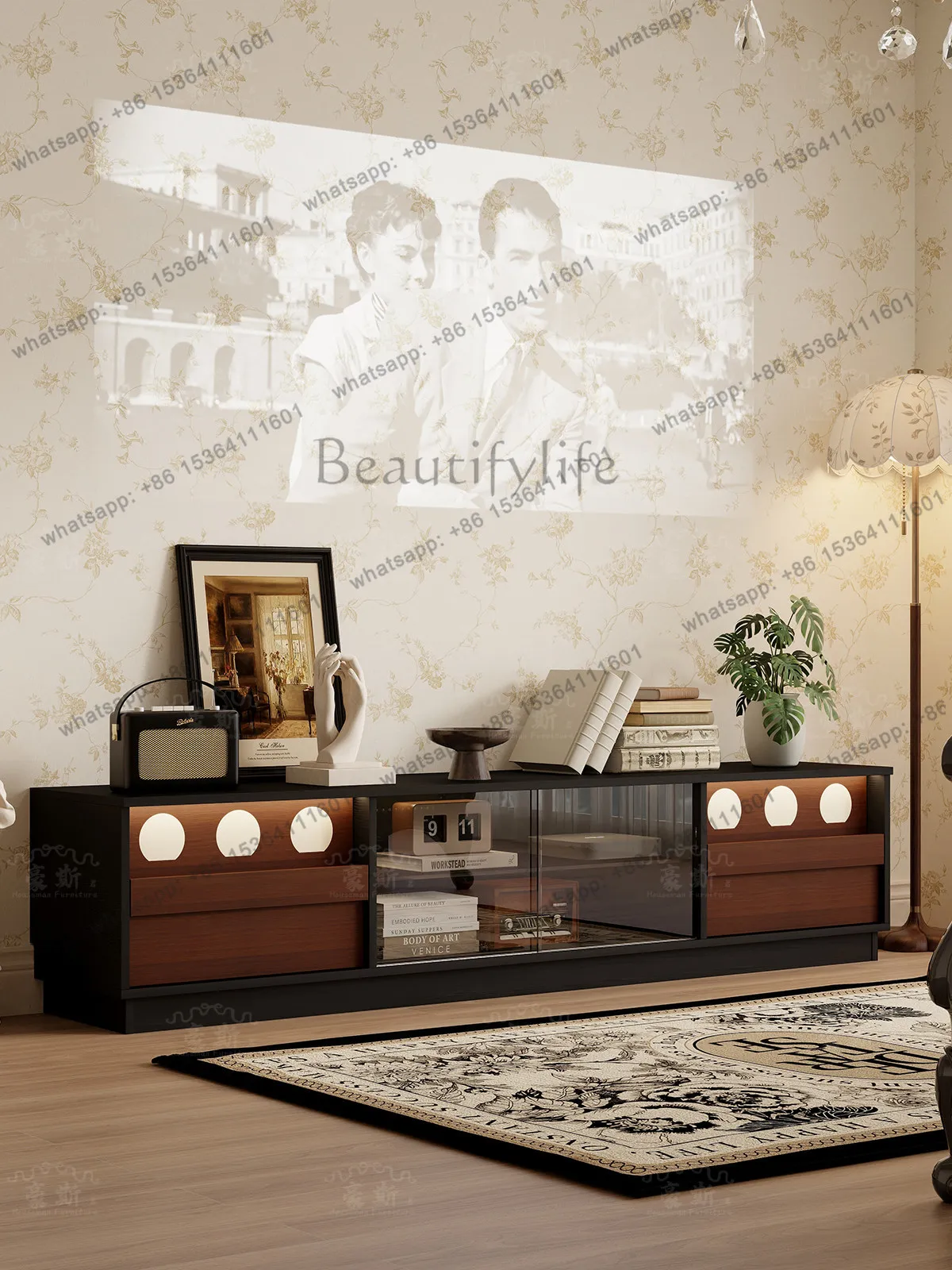 Medieval land-based TV cabinet light luxury high-end living room floor-to-ceiling French retro decorative storage floor cabinet