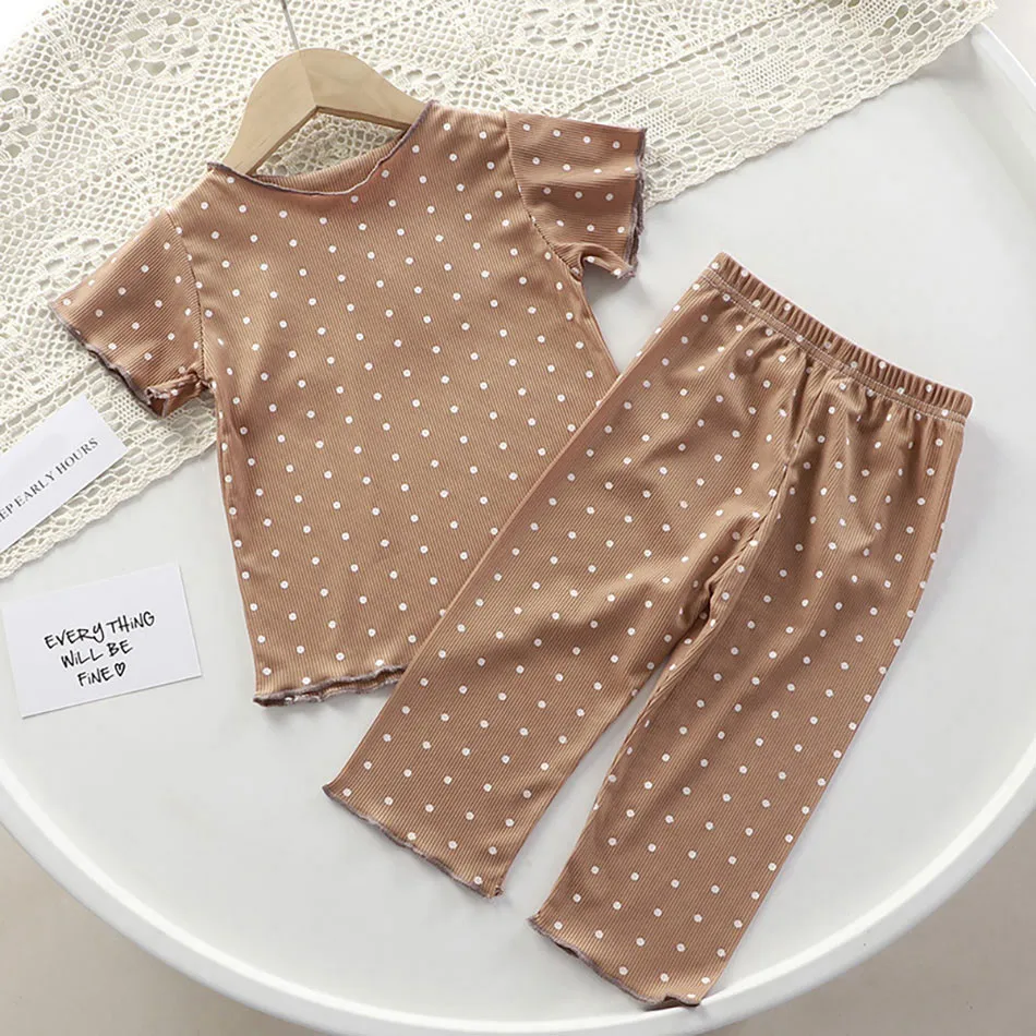 2024 Hot Selling Summer Girls Sets Casual Solid Color Polka Dot Homewear Short Sleeve Pants Two Piece Summer Children Clothing