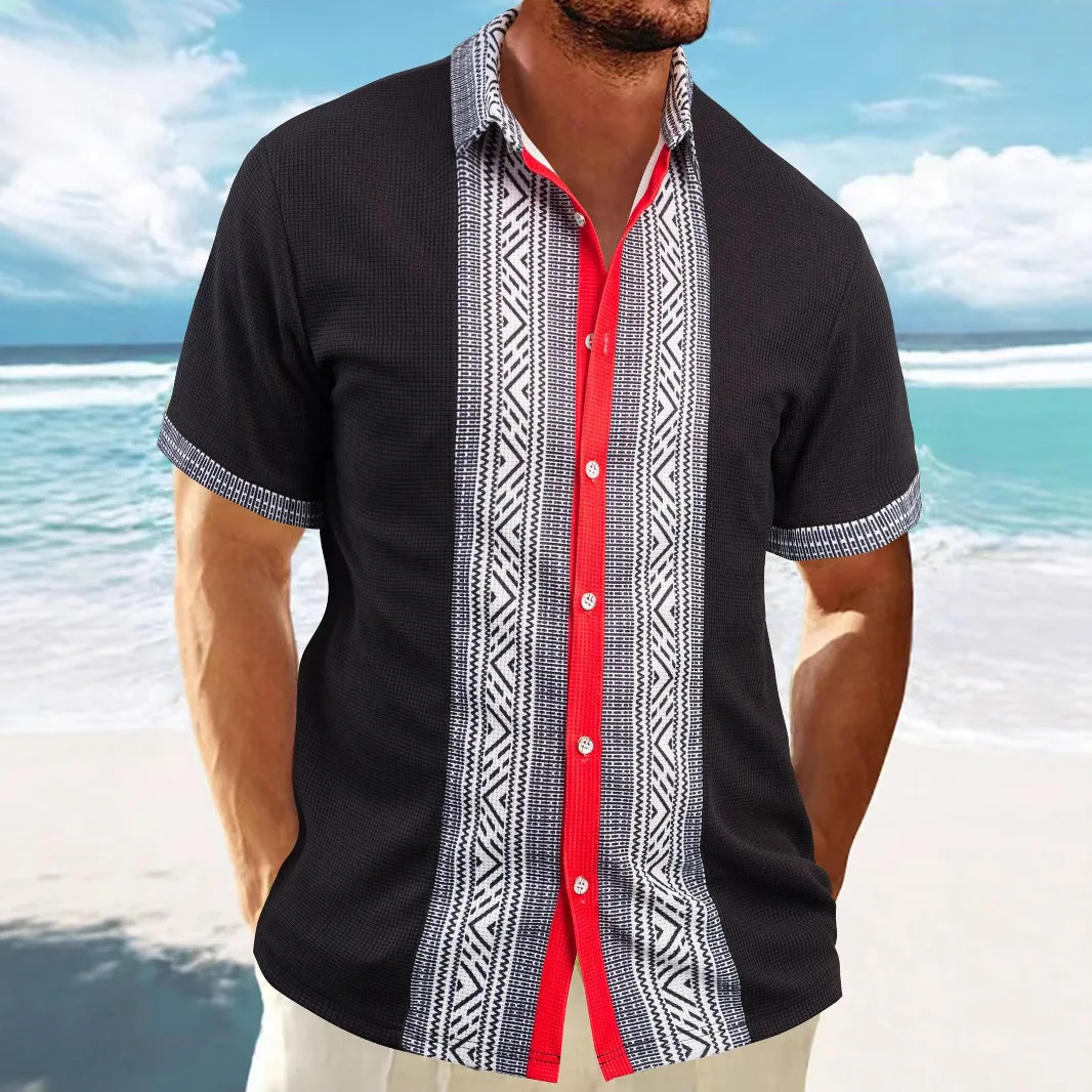 2025 Men's fashion Social Beach style short sleeve shirt Summer Totem style Breathable holiday casual shirt Striped street top