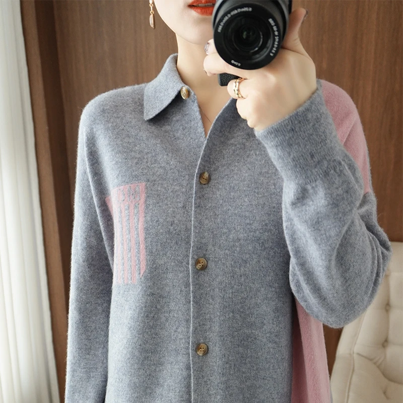 Colorblock Knitted Wool Cardigan Four Seasons New Elegant Women's Lapel Casual Fashion Unique Style Delicate Soft All-Match Coat
