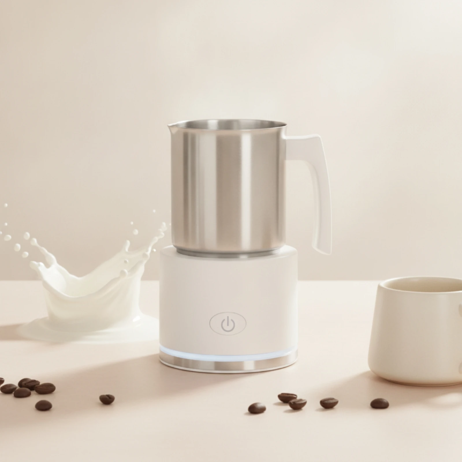 Electric Milk Frother Compact Automatic Milk Frother Kitchen Appliance White Base Power Button