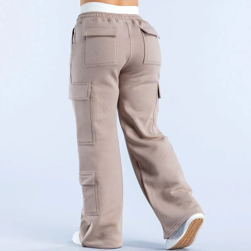 Damesmode Lage Taille Geruite Broek met Ceintuur, Wijde Pijpen, Effen Kleur, Casual Joggingbroek, Meerdere Zakken, Amerikaanse Werkbroek