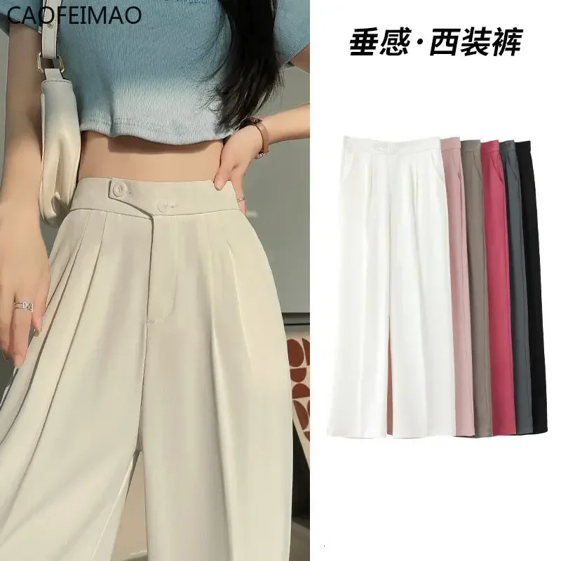 

Wide Office Trousers for Women 2023 High Waist White Straight Stacked Pants with Pockets Double-button Classic Women's Trousers
