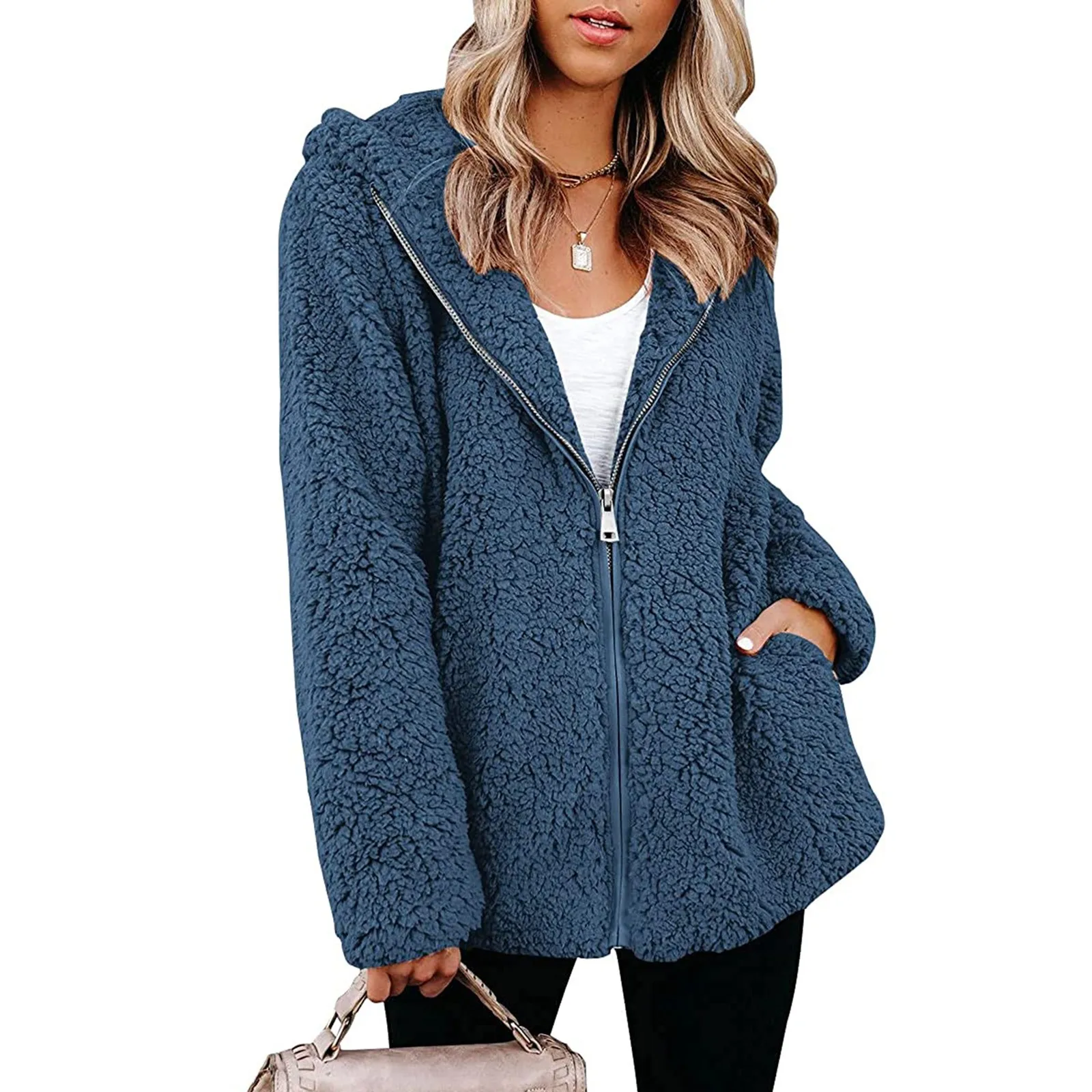 Women Fleece Jacket Long Sleeve Lapel Zip Up Outwear Faux Shearling Shaggy Zip Up Outwear Coats Female Jackets Jaqueta Feminina