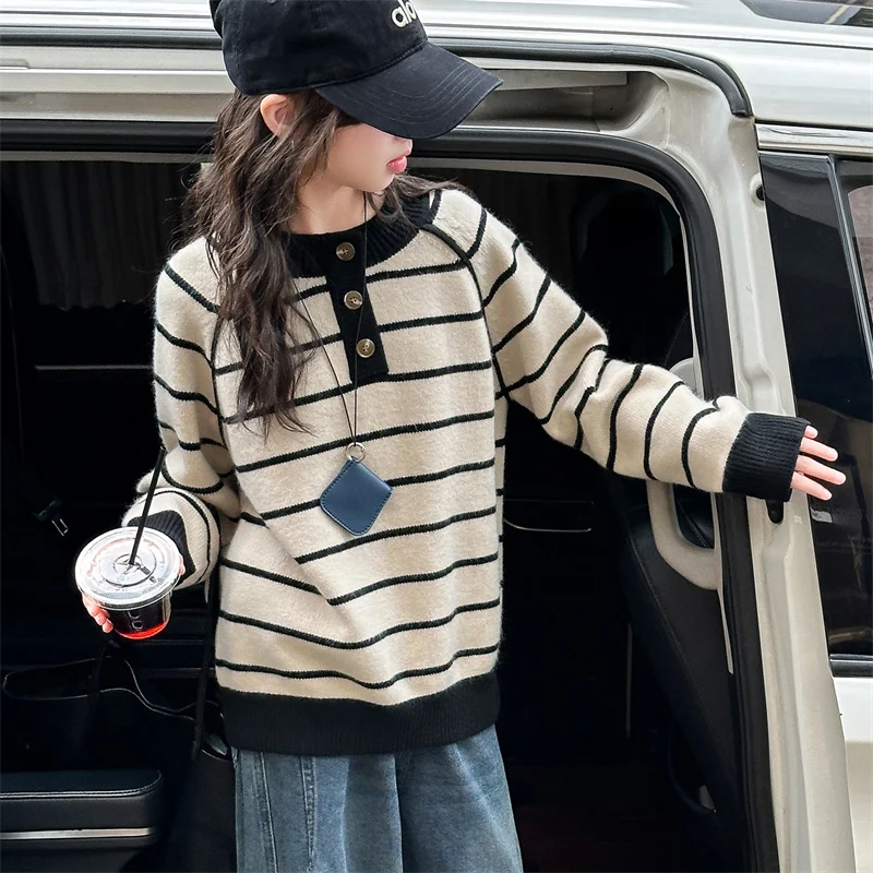 New Autumn Children Striped Knitted Sweater with Buttons for Big Girls Casual Knitwear Outfit Age 5 6 7 8 9 10 11 12 13 14 Years