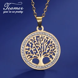 Teamer Tree of Life Stainless Steel Zircon Necklace for Women Gold Color Round Pendant Neck Chain Amulet Jewelry Wedding Gifts
