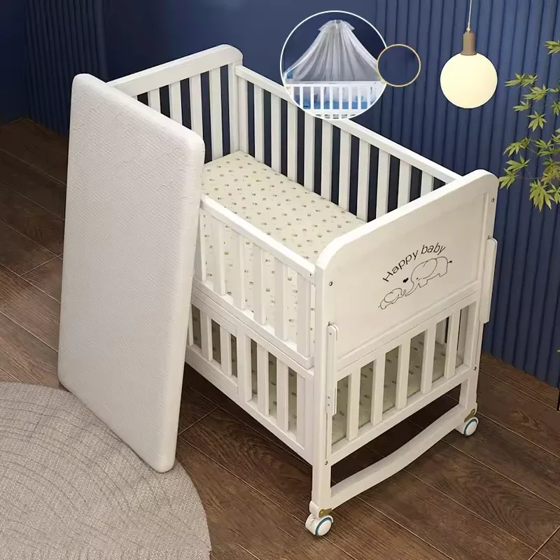 European Style Multifunction Adjustable Solid Wood Baby Cot Bed Comfortable Newborn Bed with Bedding Set for Children