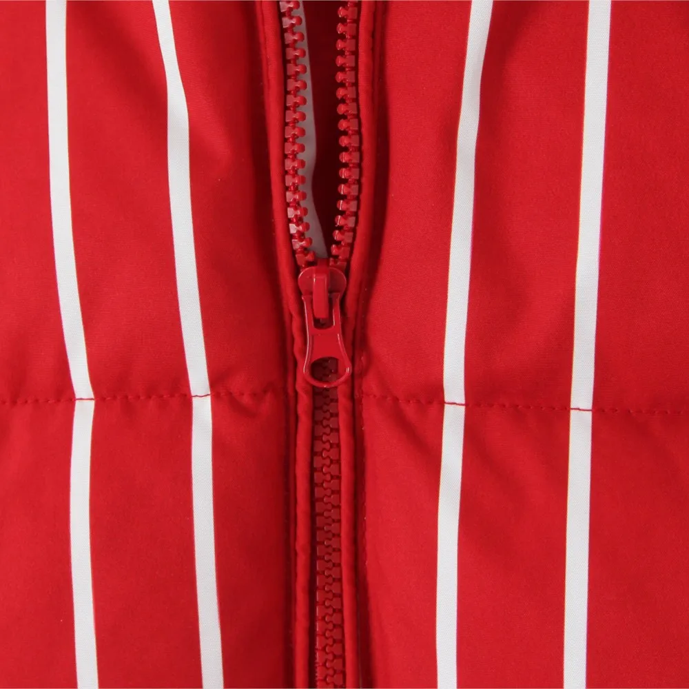 New Winter Fashion Women Zip Up Contrast Color Stripes Bread Parka Coat for Woman Removable Hat Hooded Long Sleeve Outerwear Red