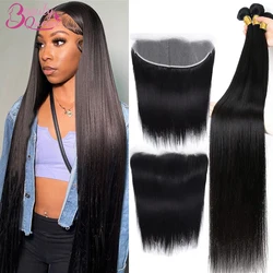 BeautyQueen Bundles With Frontal 28 30 Inch Human Hair Brazilian Straight Bundle Weave Extensions With 13x4 Lace Frontal Closure