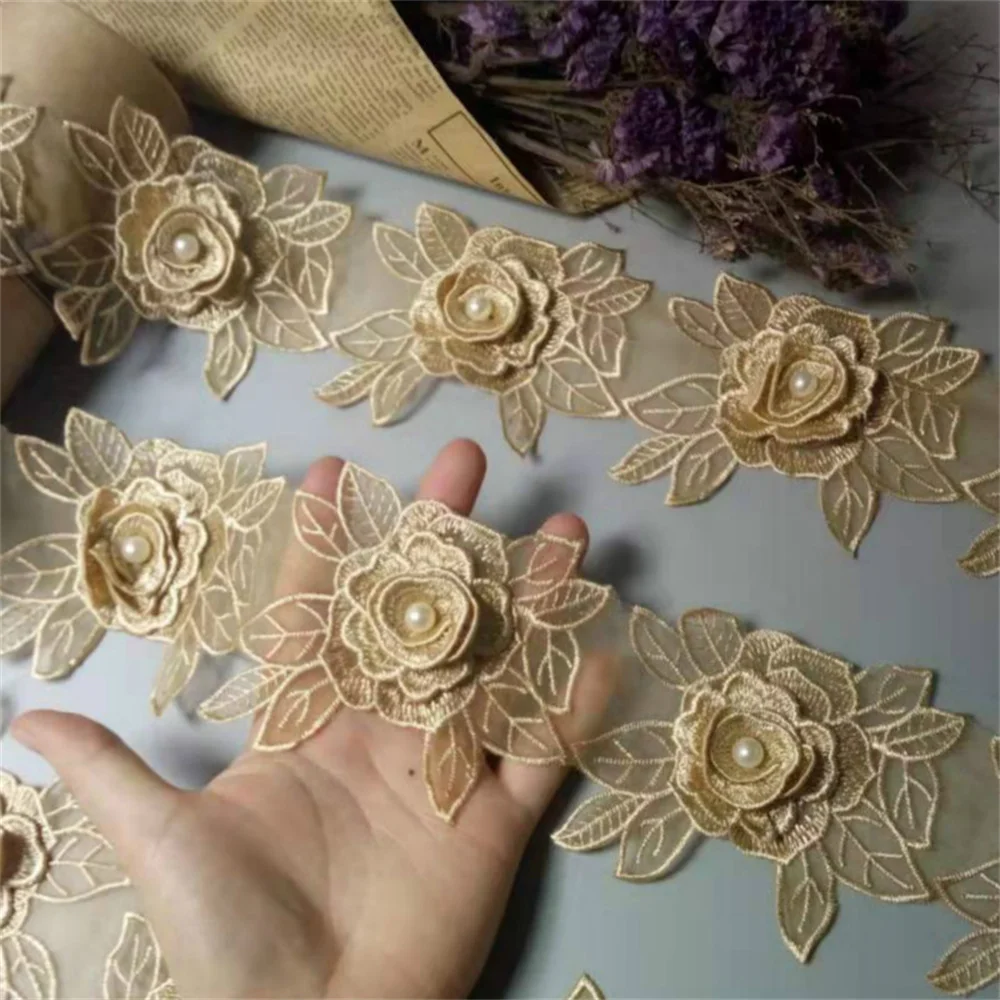 

2 Yard Gold Vintage Polyester Pearl Flower Embroidered Lace Trim Ribbon Fabric Handmade DIY Garment Wedding Dress Sewing Craft