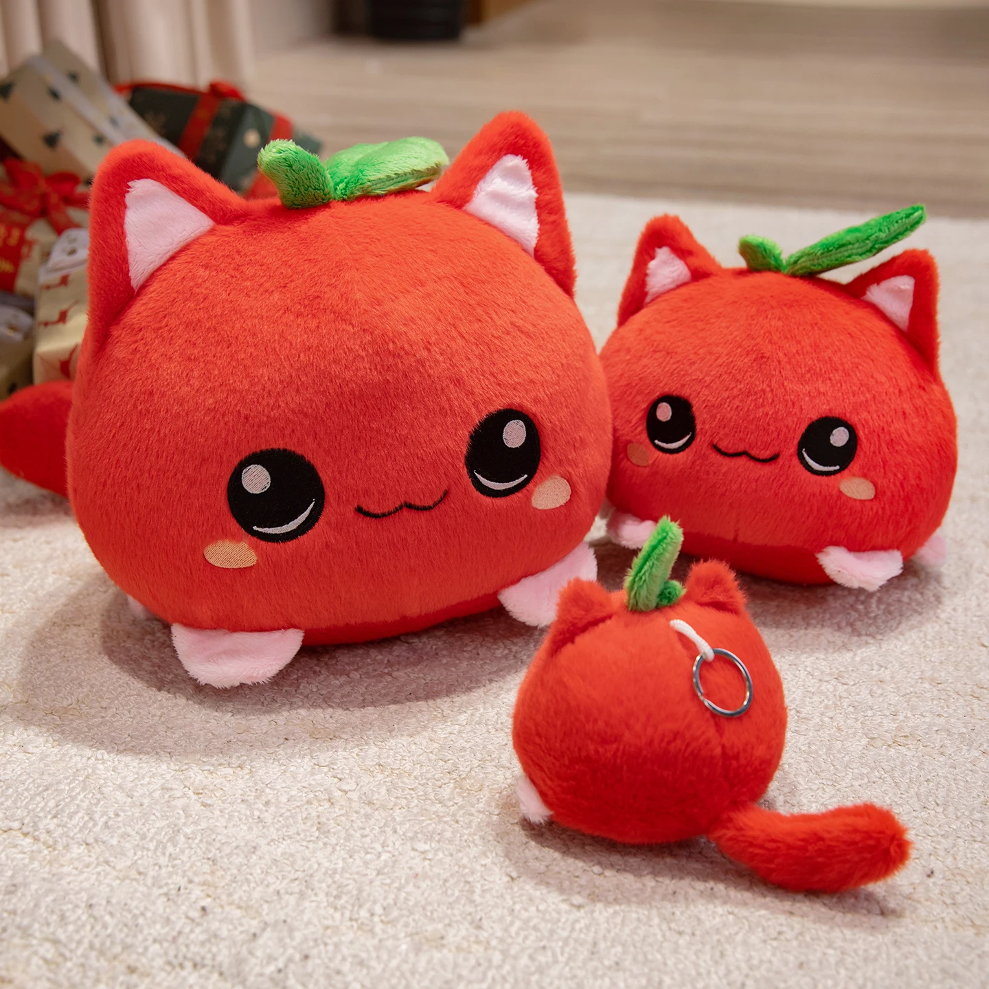 Sweet Lovely Strawberry Kitten Ball Plush Toys Soft Pink Apple Eggplant Cat Doll Bags Hanging Toys Funny Desktop Decor Gift