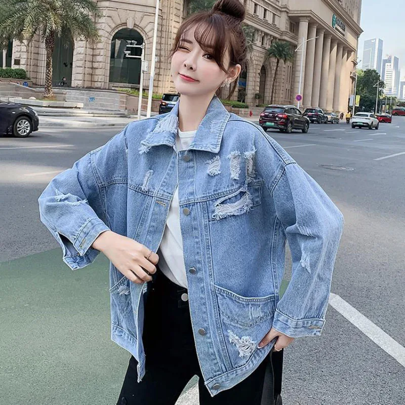 Hot Drilling Denim Jackets Women's Outwear 2025 New Spring Autumn Korean Loose BF Ripped Jeans Jacket Top Street Wear