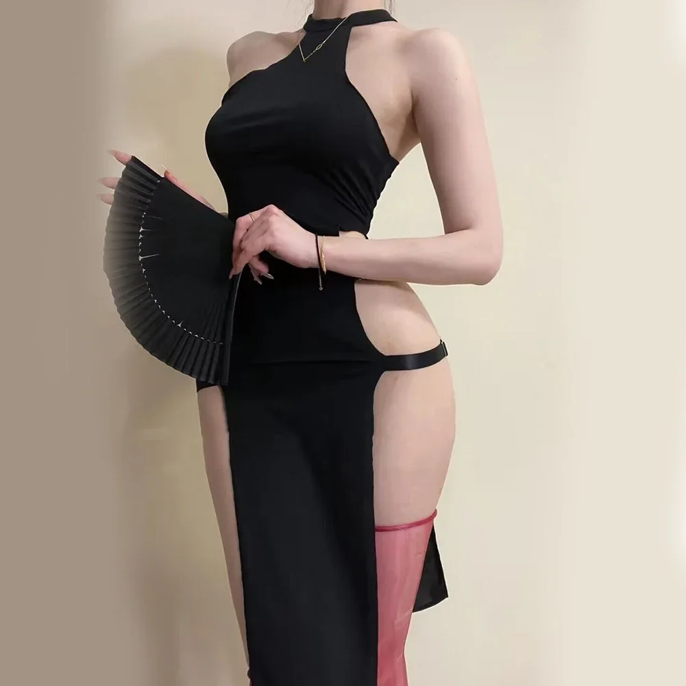

Sexy Women Dress Hanging Neck High Waist Underwear Double Split Long Nightdress Elastic Elegant Cheongsam Hollow Erotic Wear