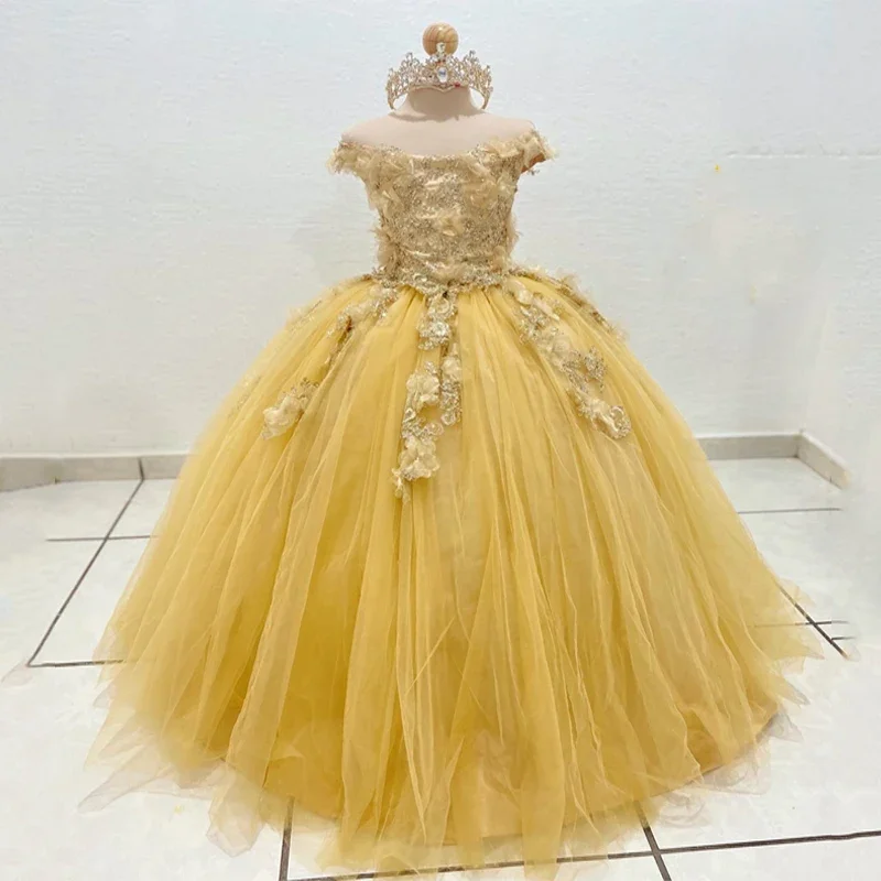 

Yellow Princess 3D Lace Flower Girls Dress Applique Lace Tulle Long Mexican Child Dress Bead First Communion Vestido De 15 Años