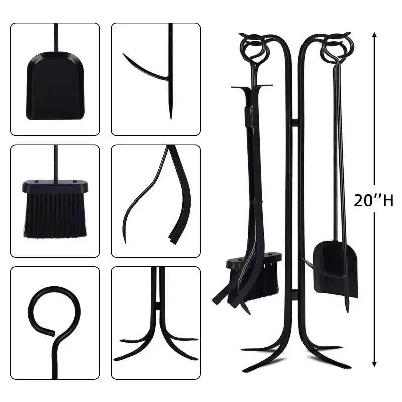 European style iron art real fire fireplace tools, tongs, brushes, hooks, shovels, villa fireplace, oven, ash cleaning five piec