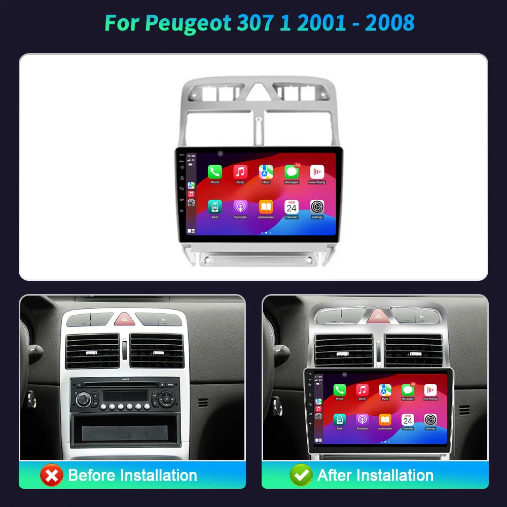 For Peugeot 307 1 2001-2008 Android 14 Car Radio 4G GPS Multimedia Player Navigation Wireless Bluetooth Carplay Screen Stereo