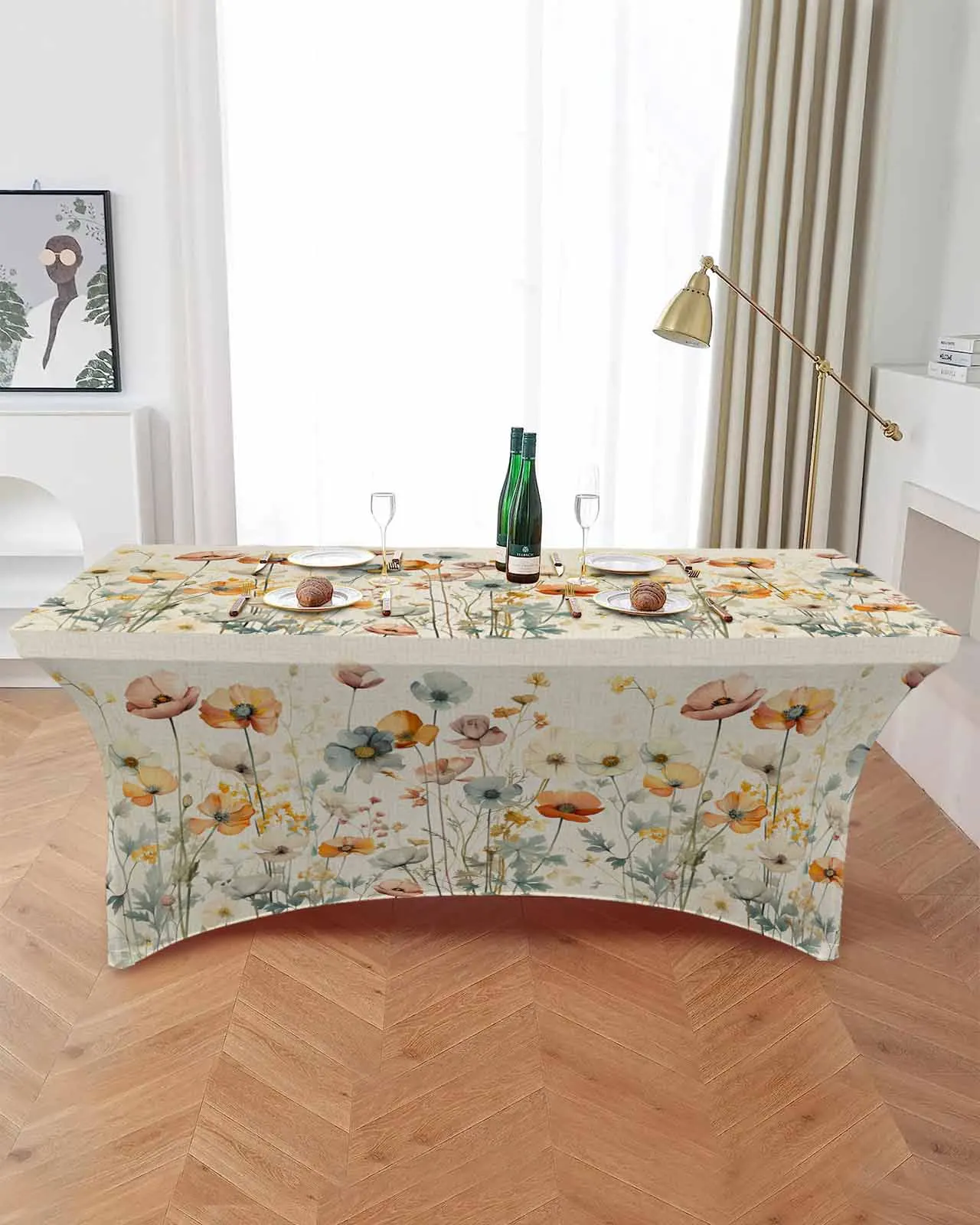 Watercolor Flowers Leaves Vintage Elastic Table Skirt Wedding Hotel Birthday Table Cover Buffet Table Tablecloth Decor