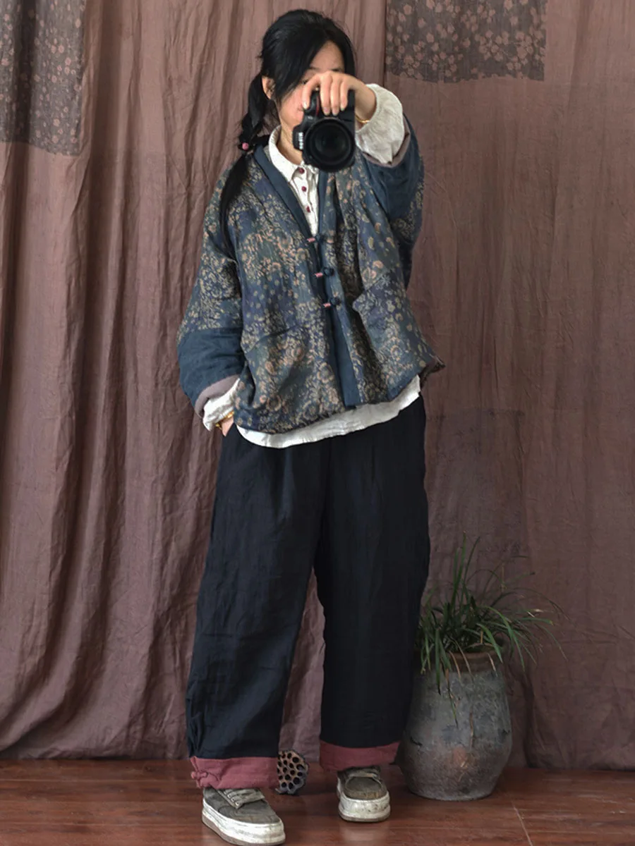 Women's High-quality linen Autumn Hanfu Jacket Lightweight Thin Quilted Outwear Open Front Vintage Printed Patchwork Short Coats