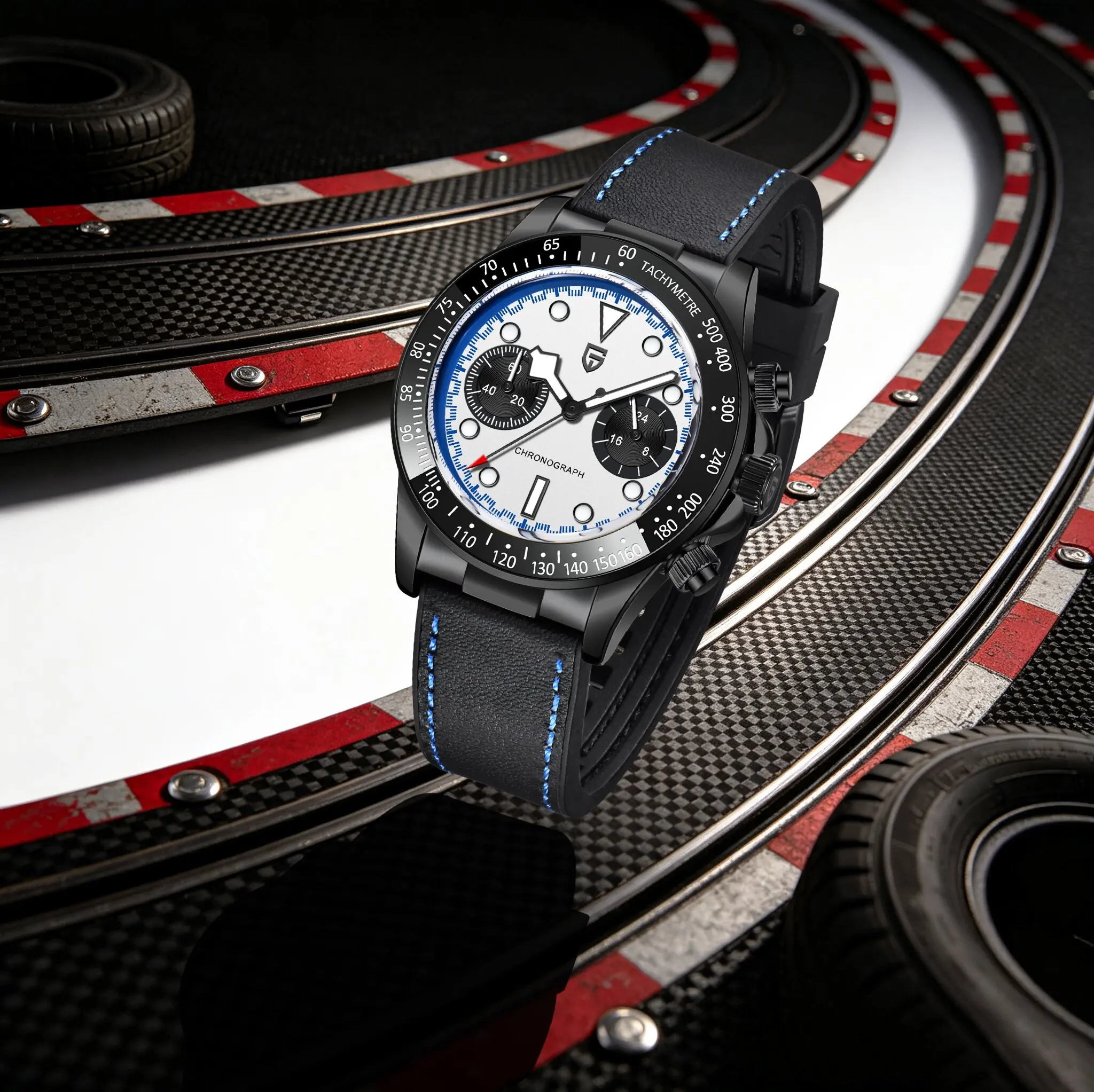 PAGANI DESIGN Mens Outdoor Sport Quartz Watches Panda Dial Rubber Strap Luminous Tachymeter Waterproof Racing Style Chronograph
