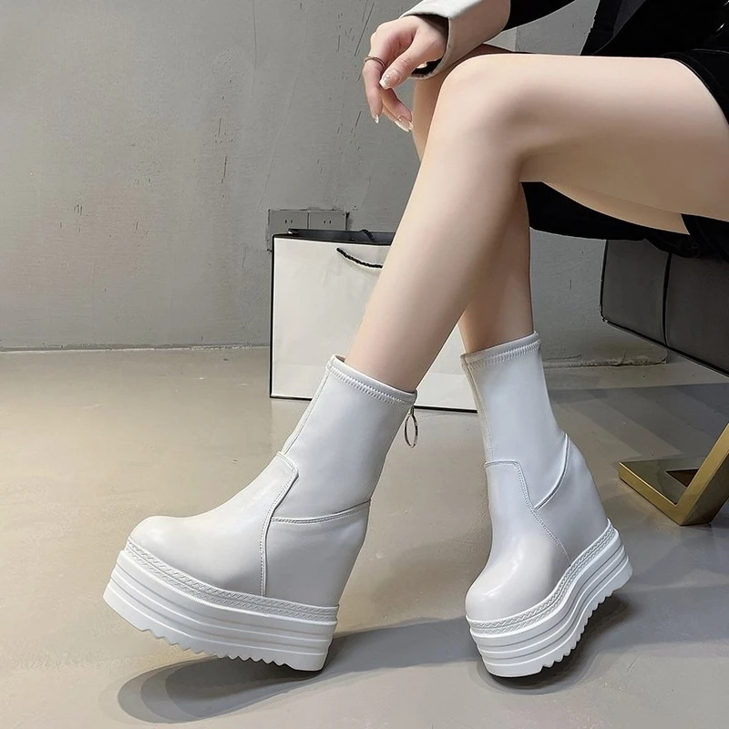 2026 New Autumn Women Mid-Calf Boots Leather Platform Shoes Fashion Thick Sole 12cm Female Boots Rubber Sole Women Autumn Shoes