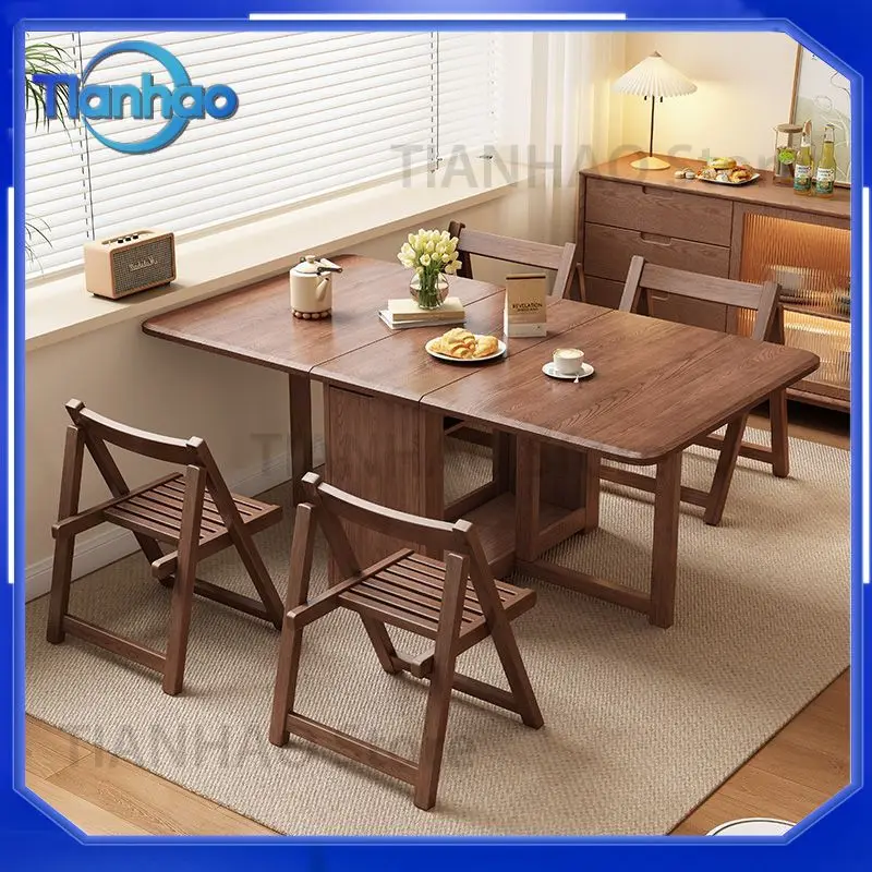 Solid Wood Folding Dining Table for Home Use Small Space Rectangular Foldable Dining Table and Chairs for Eating