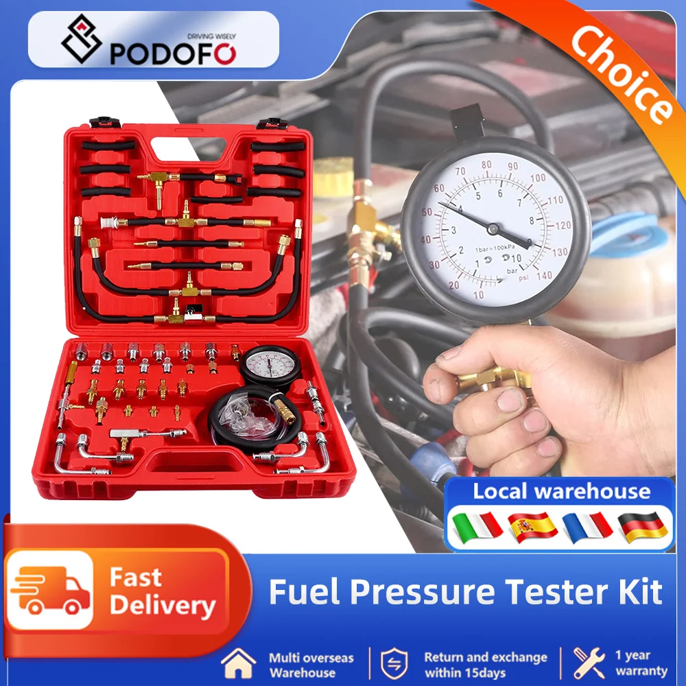 Podofo Car Fuel Injection Pressure Tester Kit 0-140PSI Gasoline Injector Pump Pressure Gauge Kit Gas Injection Manometer Tools