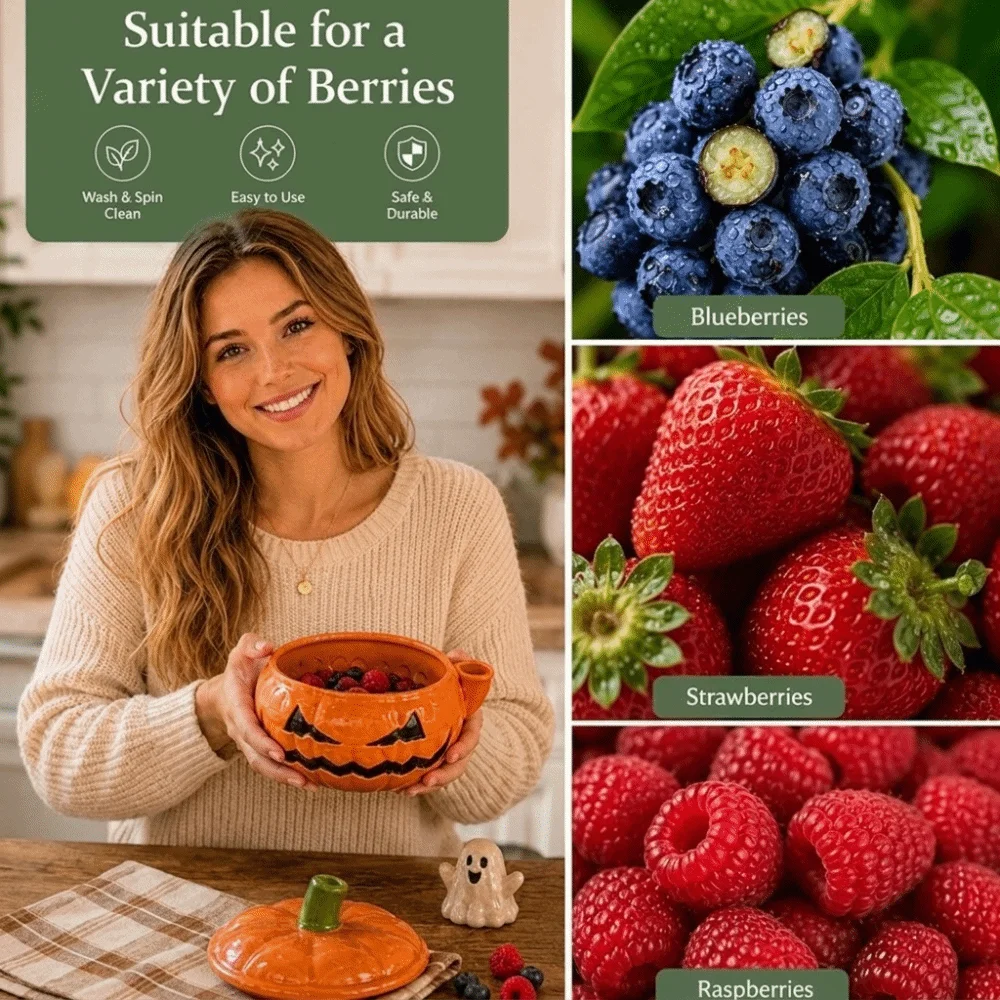Ceramic Pumpkin Shaped Fruit Washing Bowl Self-spinning Large Capacity Berry Cleaning Basin 360° Rotating Quick Drain