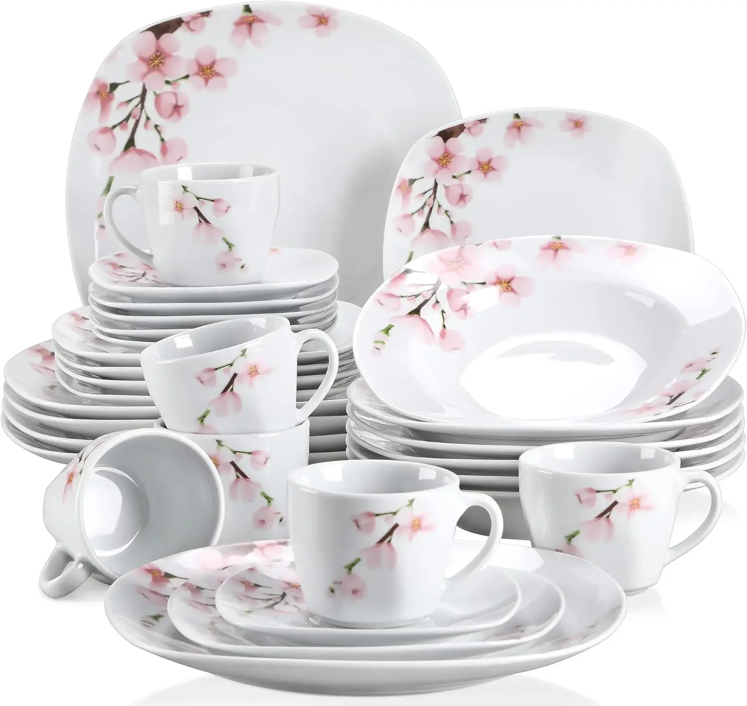 Porcelain Dinnerware Sets for 6, White Dish Set with Pink Floral, 30 PCS Dinner Sets Including Dinner