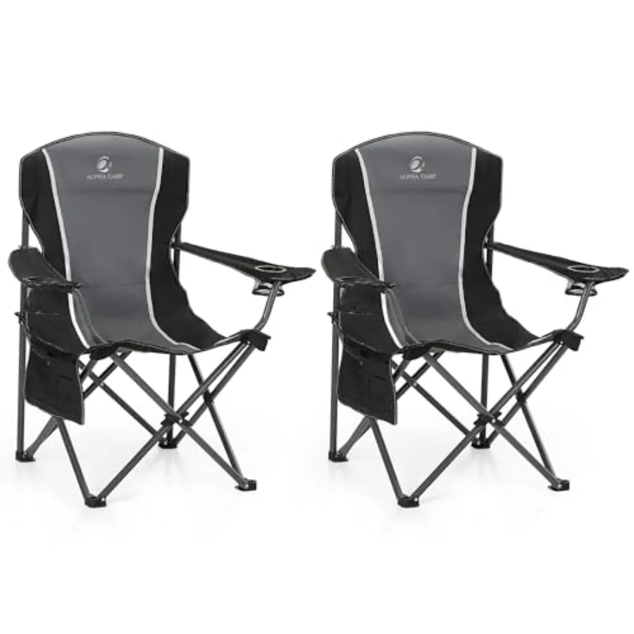 

Oversized Camping Folding Chair - Heavy Duty Steel Frame Support 350 LBS Collapsible Padded Arm With Cup Holder Quad Lumbar Bac
