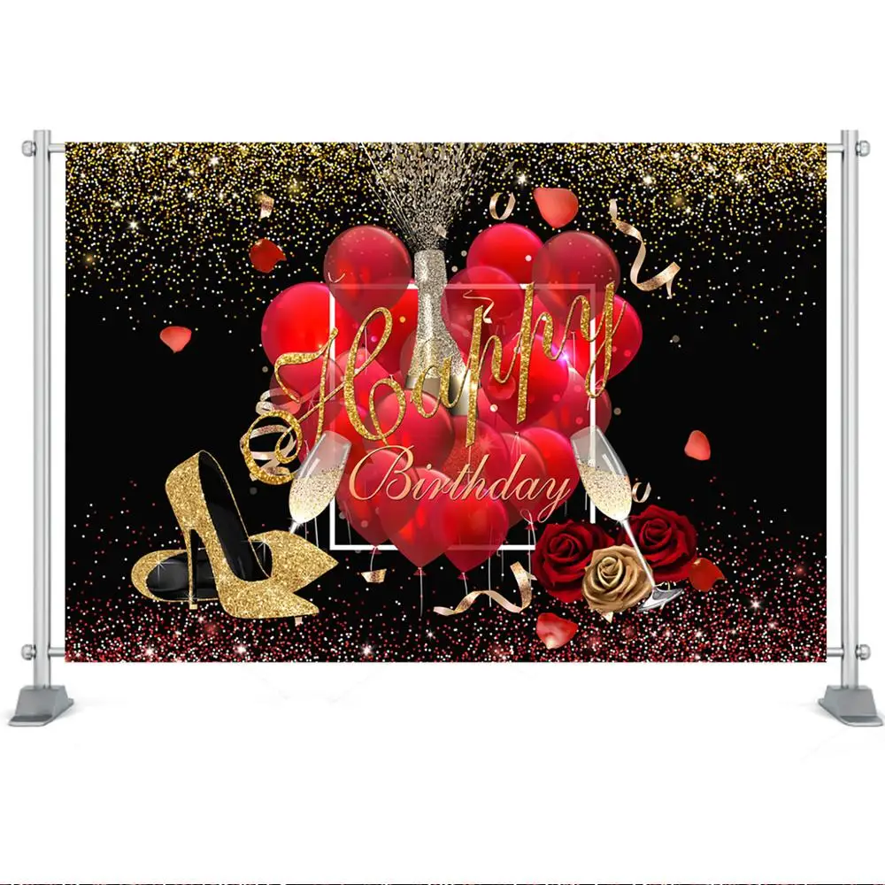 Mocsicka Happy Birthday Backdrop Women Red Balloon Golden High Heels Background Champagne Rose Woman Birthday Party Banner Decor