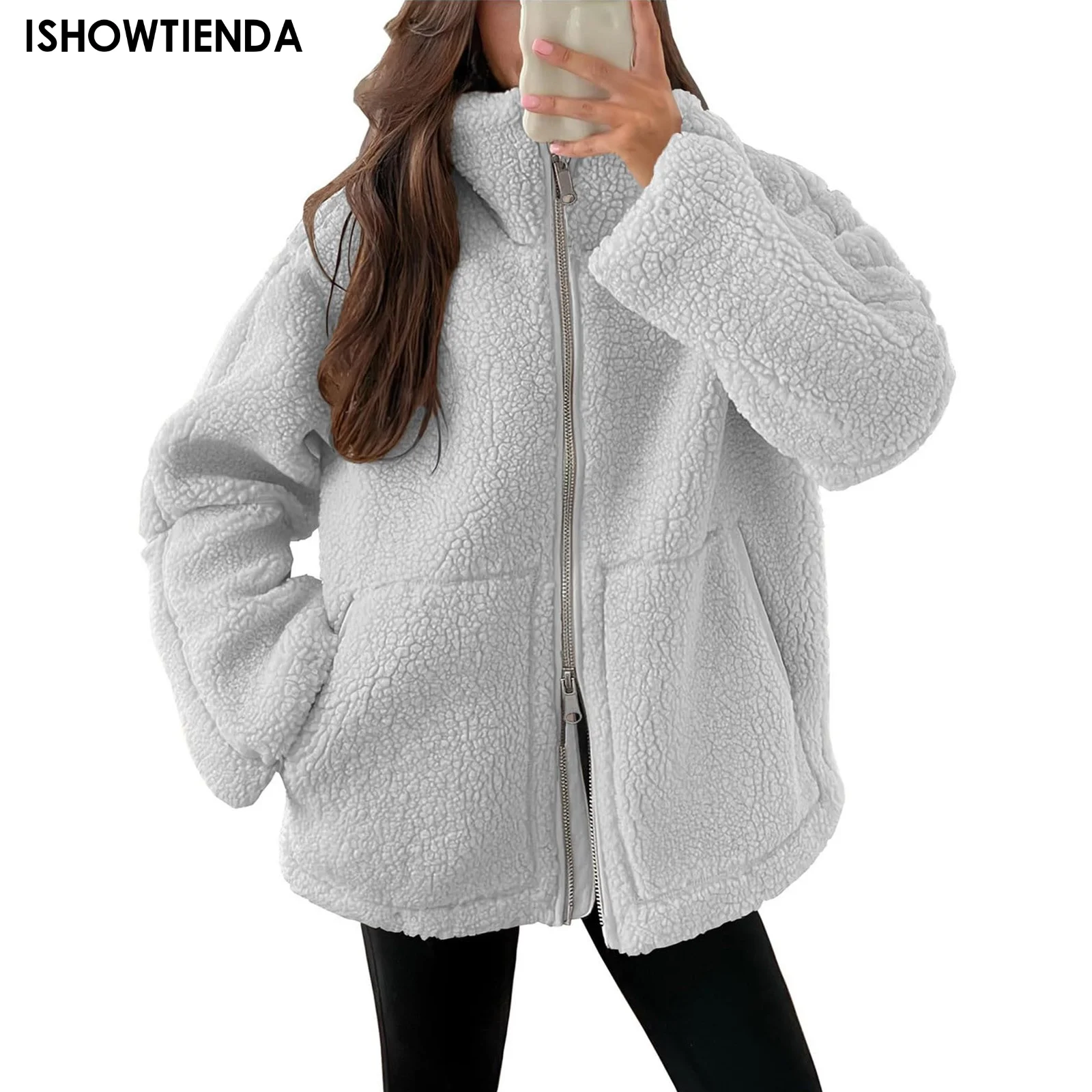 Fashion Lamb Plush Jacket Women's Autumn Winter New Pocket Zipper Long Sleeve Loose Stand Collar Comfort Warm Jacket For Women