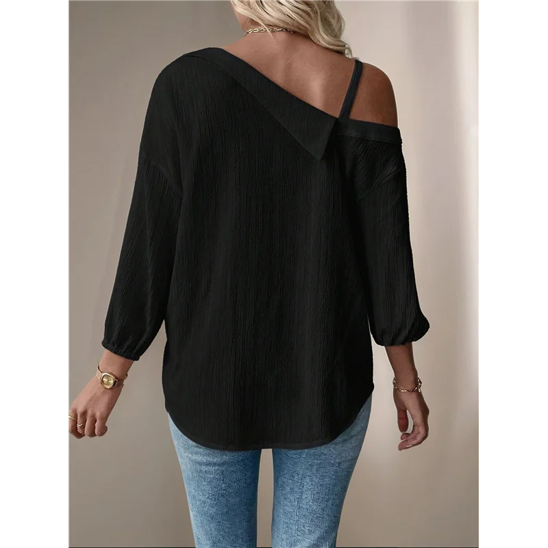 

【SEE】Women's Asymmetrical Cold Shoulder Collar Neck Long Sleeve Button Down Blouse Shirts Tops