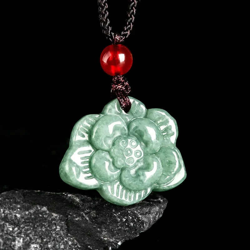 Jia Le/ Hand-carved/ Natural Jade Bean Green Lotus Emerald Necklace Pendant Fine Jewelry Accessories Men and Women Couple Gift