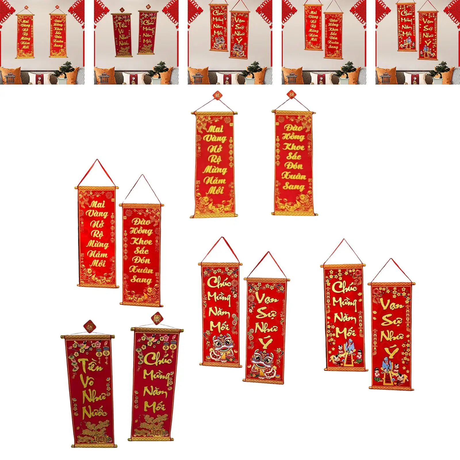 Spring Festival Hanging Couplets Velvet Flocking Vietnamese New Year Wall Decoration Pendant for Home Living Room