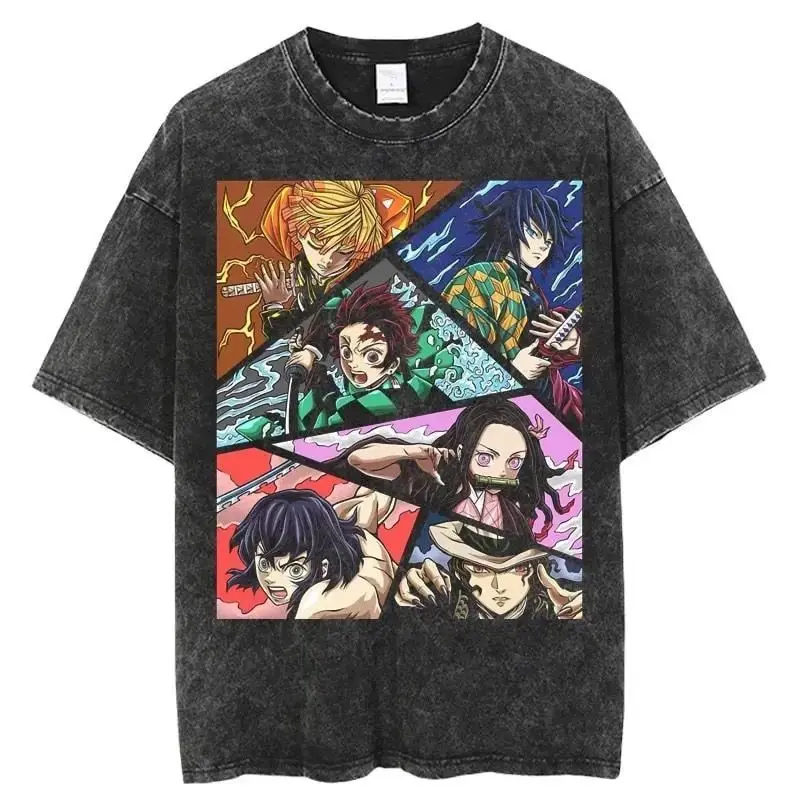 Japanese Anime Ghost Killing Blade Made of Old Washed Short Sleeved Men's and Women's T-shirts Summer Dark Hip-hop Print