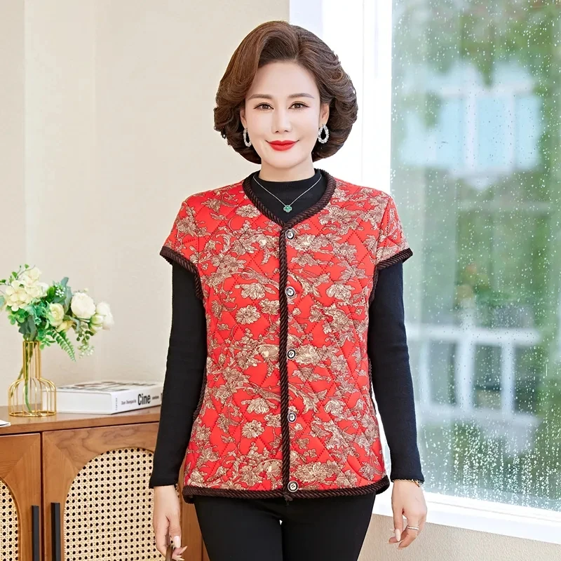 Elderly Female Quilted Warm Sleeveless Jacket Autumn Winter Middle Aged Mother Casual Print Fleece Waistcoat Women Vest Coat 4XL