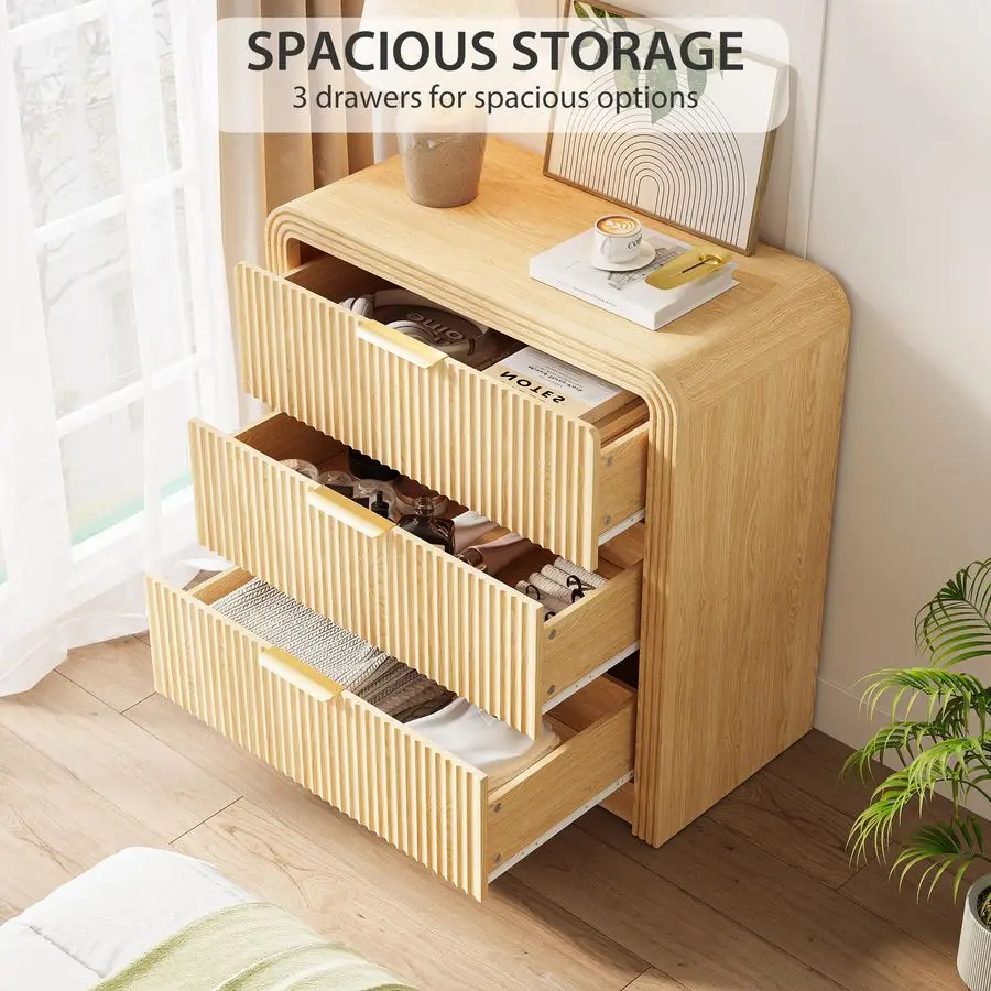 ตู้ลิ้นชัก 3 ชั้น สูง 31.8 นิ้ว สำหรับห้องนอน ตู้ลิ้นชักไม้สไตล์โมเดิร์นพร้อมขอบมนและมือจับโลหะ โต๊ะข้างเตียงขนาดใหญ่