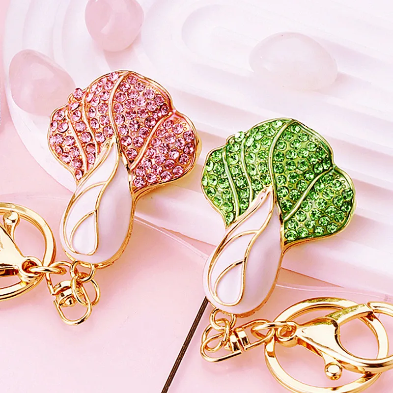 Green/Pink Cabbage Rhinestone Pendant Gifts Crystal Keychain Vegetable Keyring