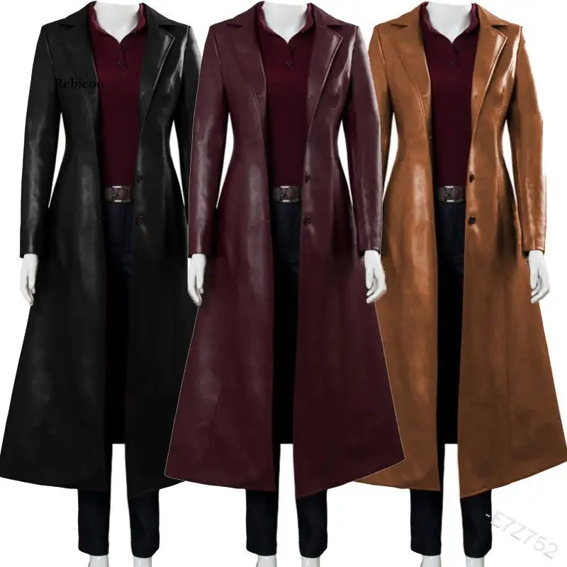 Women Luxury Fashion Medieval Steampunk Gothic Long Leather Jackets Vintage Winter Outerwear Faux Leather Trench Coat