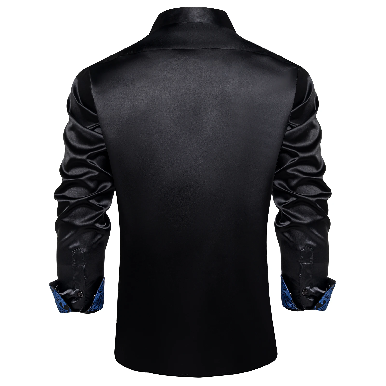 Satin Solid Black Men's Shirt with Blue Paisley Patchwork Collar Cuff Fashion Casual Polyester Long Sleeve Dress Shirts for Men