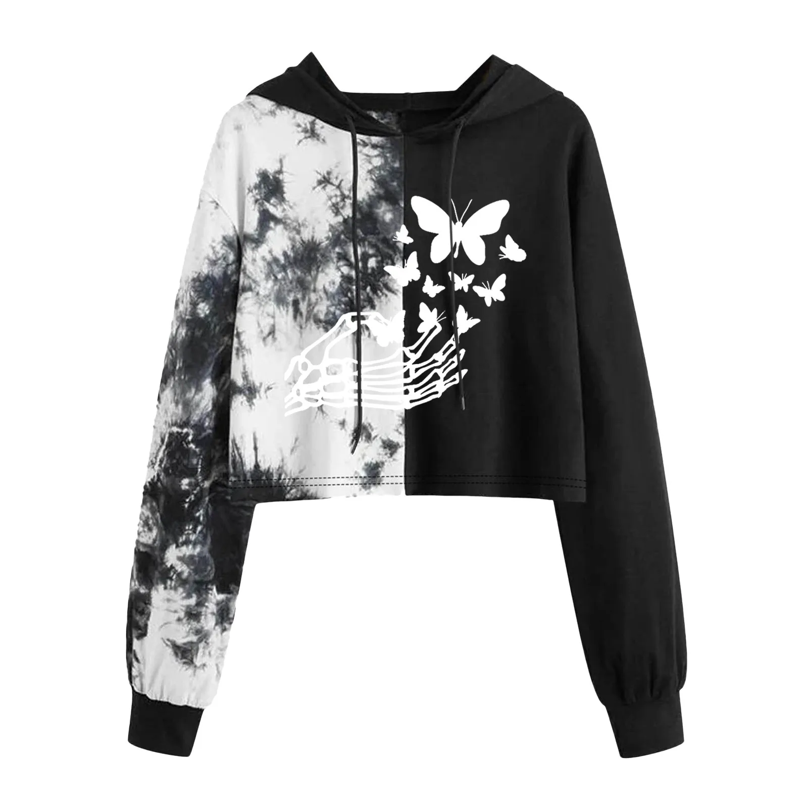 Black White Tie Dye Print Women Hoodies Streetwear Korean Teen Girls Crop Top Pullover Blouse Harajuku Clothes Jackets Sudaderas