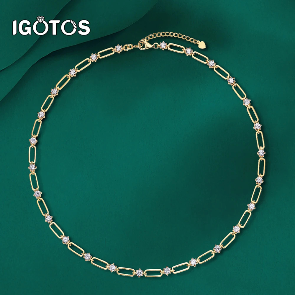 

IGOTOS 925 Sterling Silver Moissanite Diamond Necklace Bracelet 18K Gold 4mm Round Moissanite Paperclip Chain Necklaces Jewelry